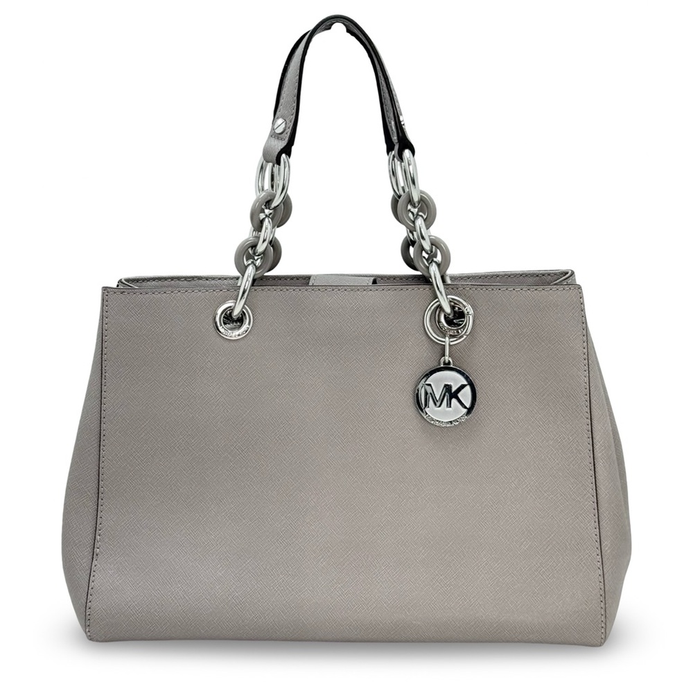 Michael Kors Cynthia Satchel Gray Saffiano Leather Chain Tote MK Charm